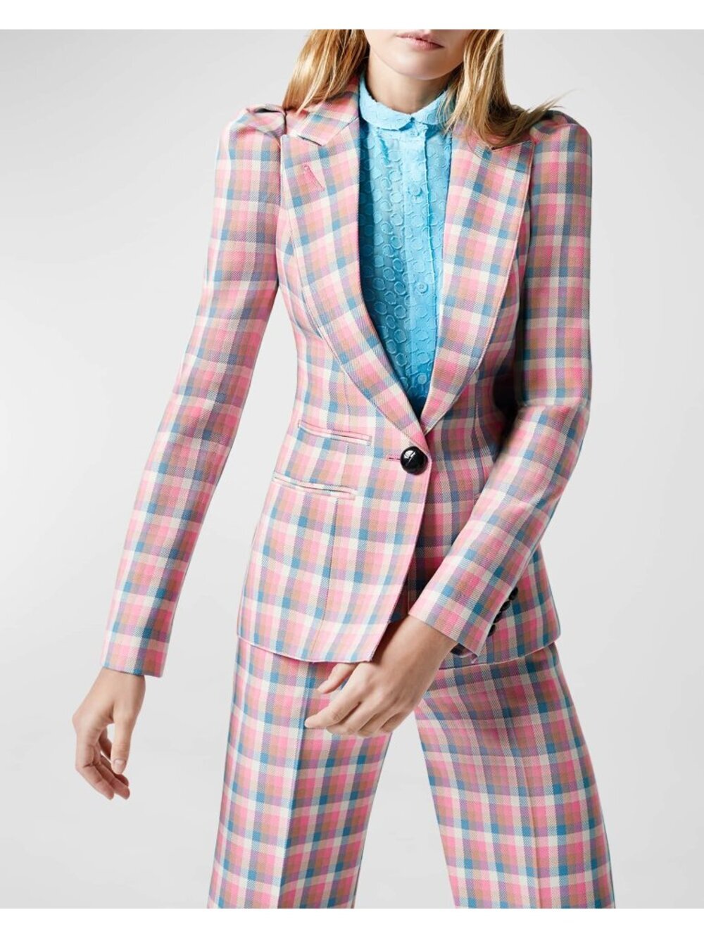Smythe Box Pleat Tailored Check Blazer Pink 6 EUC